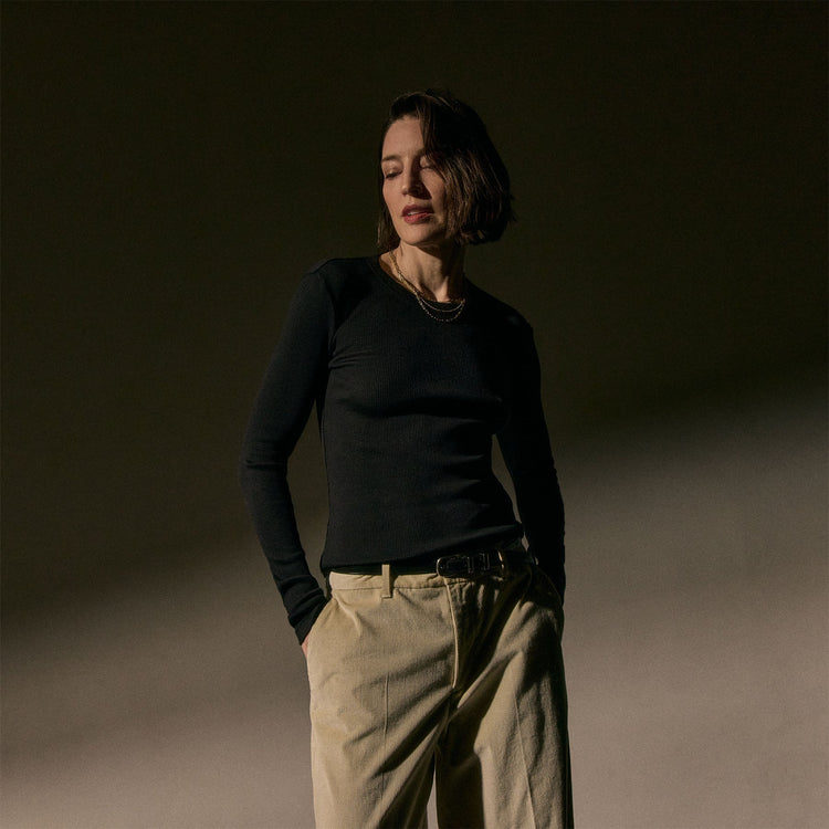 Cotton Gauze Ribbed Long Sleeve Crew in Black | James Perse Los Angeles