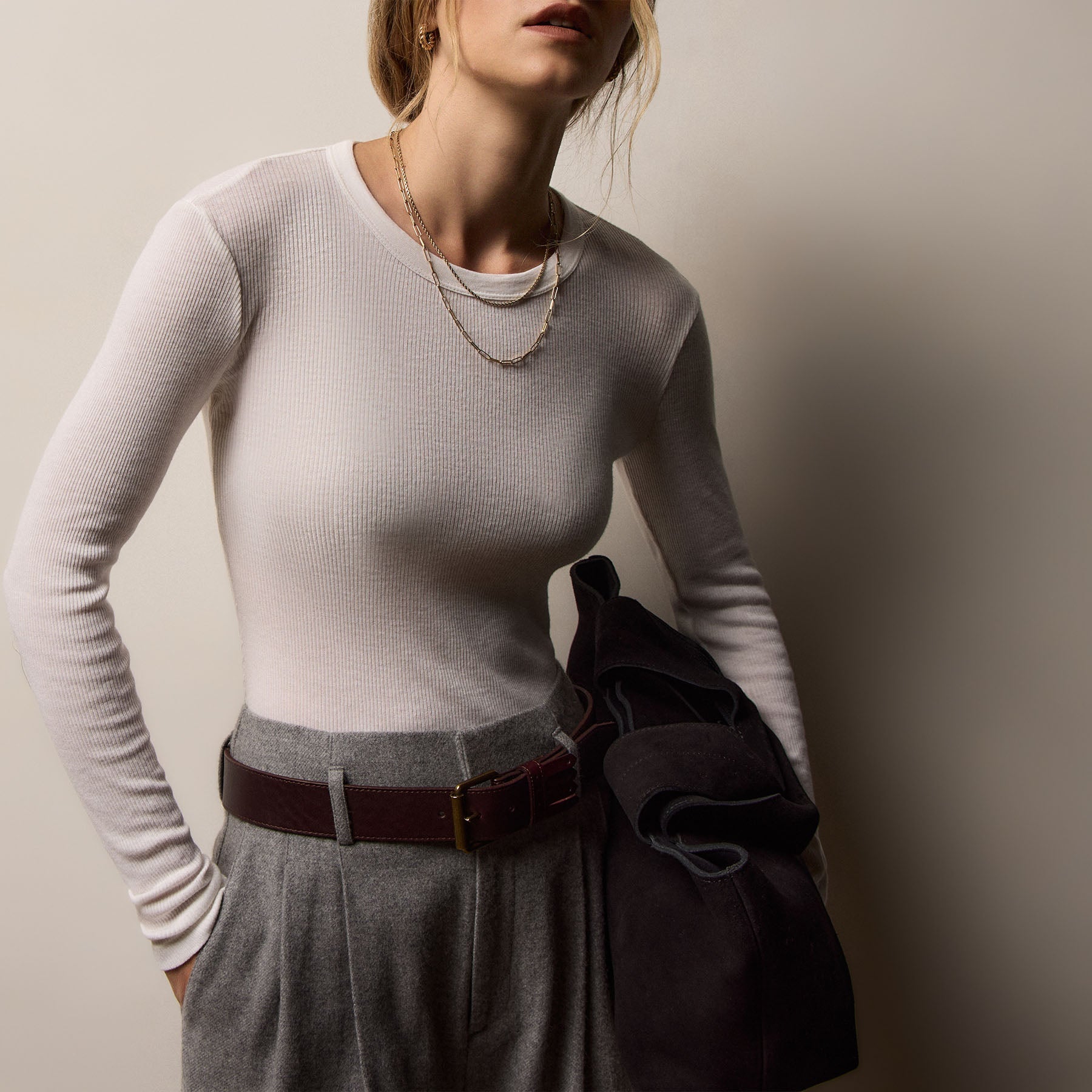 Cotton Gauze Ribbed Long Sleeve Crew