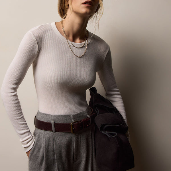 Cotton Gauze Ribbed Long Sleeve Crew in Everest White | James Perse Los Angeles