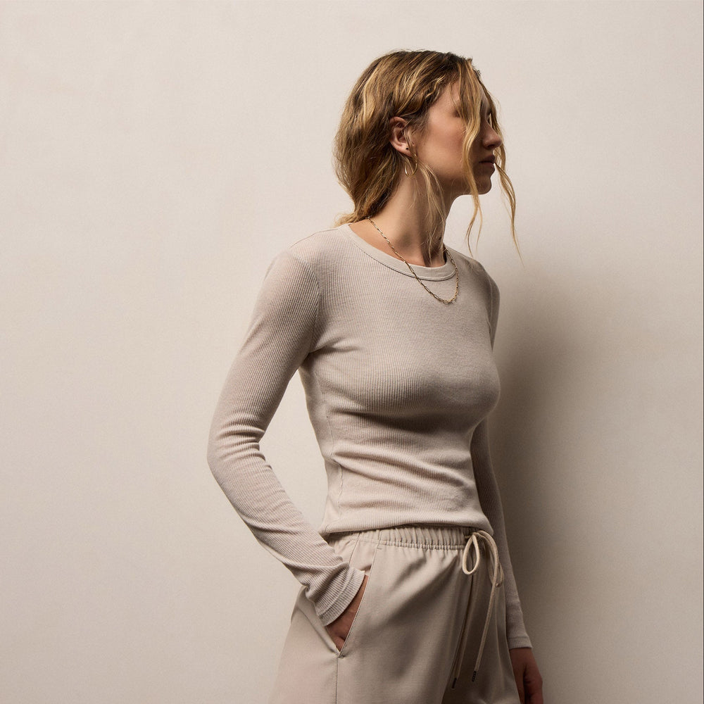 Cotton Gauze Ribbed Long Sleeve Crew in Salt | James Perse Los Angeles