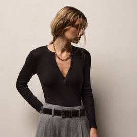 Cotton Gauze Ribbed Henley in Black | James Perse Los Angeles