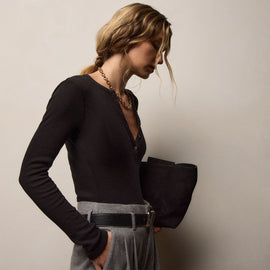 Cotton Gauze Ribbed Henley in Black | James Perse Los Angeles