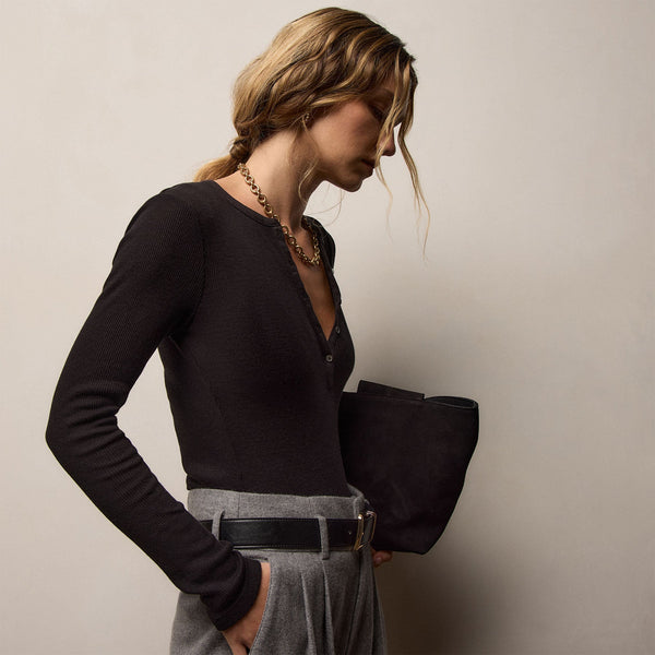 Cotton Gauze Ribbed Henley in Black | James Perse Los Angeles