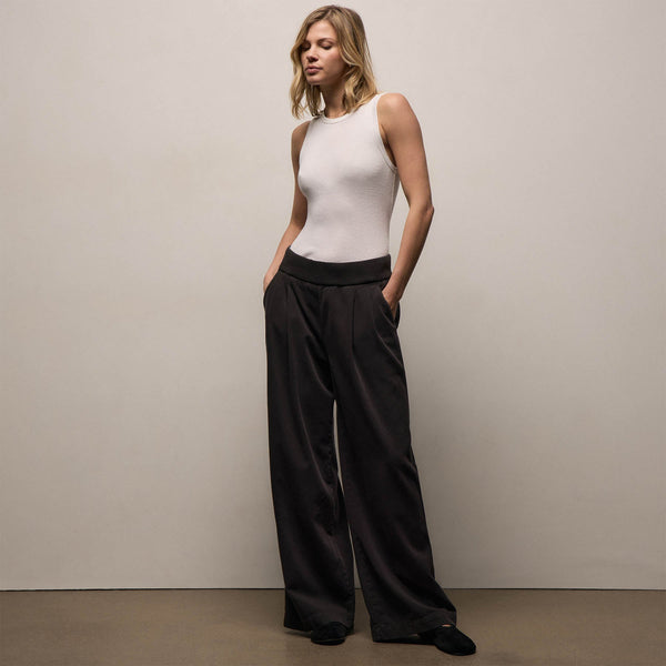 Ribbed Waist Wide Leg Pant in Black | James Perse Los Angeles