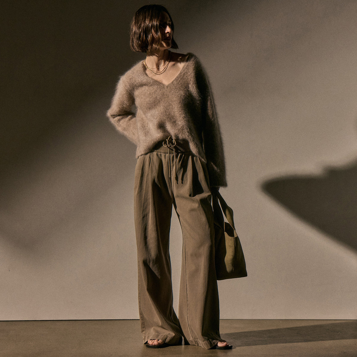 Ribbed Waist Wide Leg Pant - Fawn Pigment