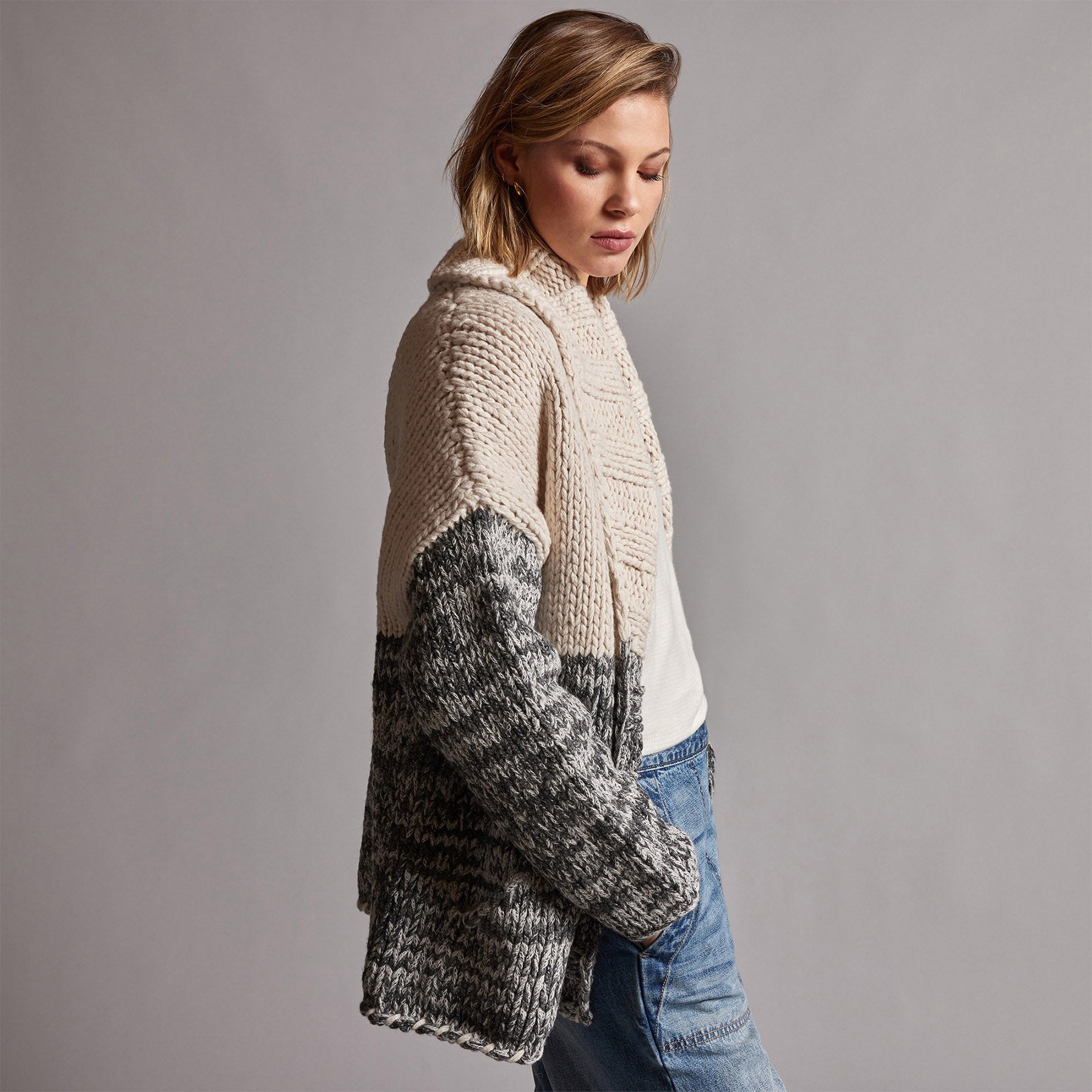 Chunky Knit Cardigan in Ivory/Grey Marl | James Perse Los Angeles