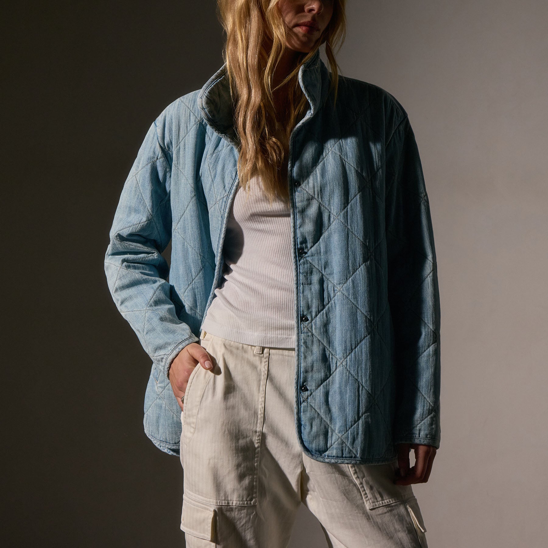 Diamond Quilted Denim Jacket - Bleach Wash | James Perse Los Angeles