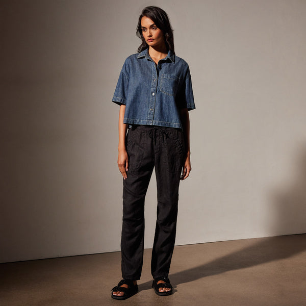 Short Sleeve Crop Denim Shirt in Medium Wash | James Perse in Los Angeles