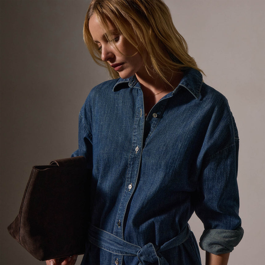 long denim shirt dress Denim Blue Maxi Shirt Dress: Long Sleeve Lapel Neck Loose Fit