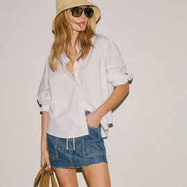Drawstring Denim Mini Skirt in Medium Wash | James Perse Los Angeles