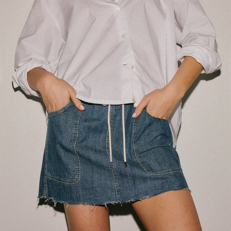 Drawstring Denim Mini Skirt in Medium Wash | James Perse Los Angeles