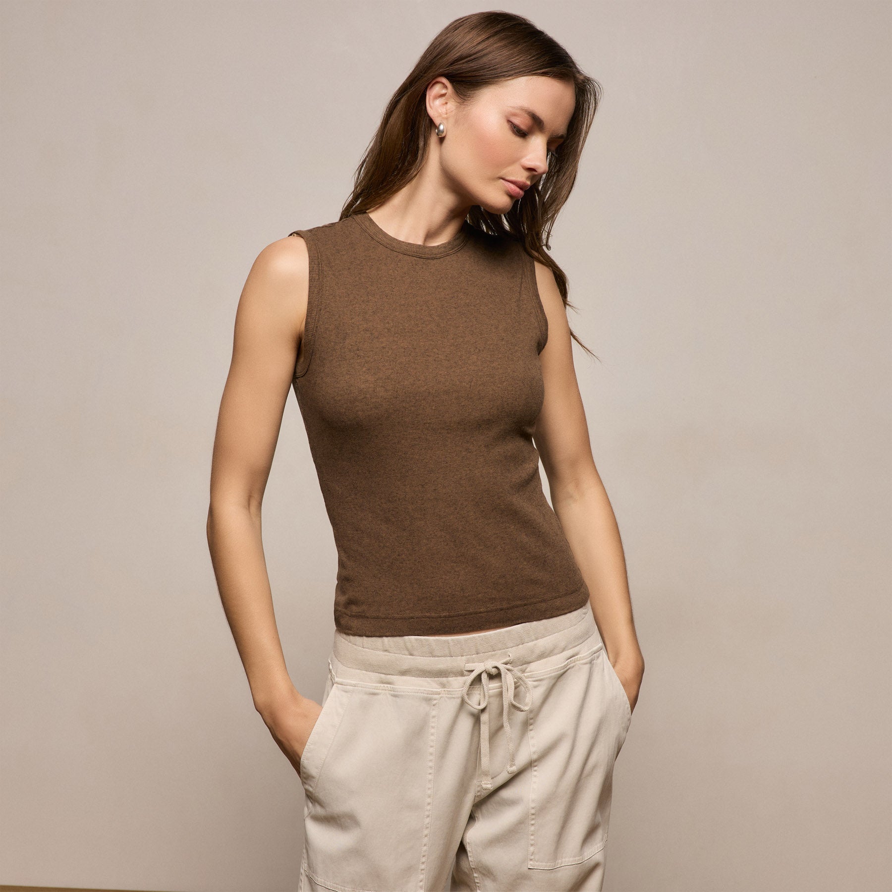 Cotton Cashmere Rib Tank in Brown | James Perse Los Angeles