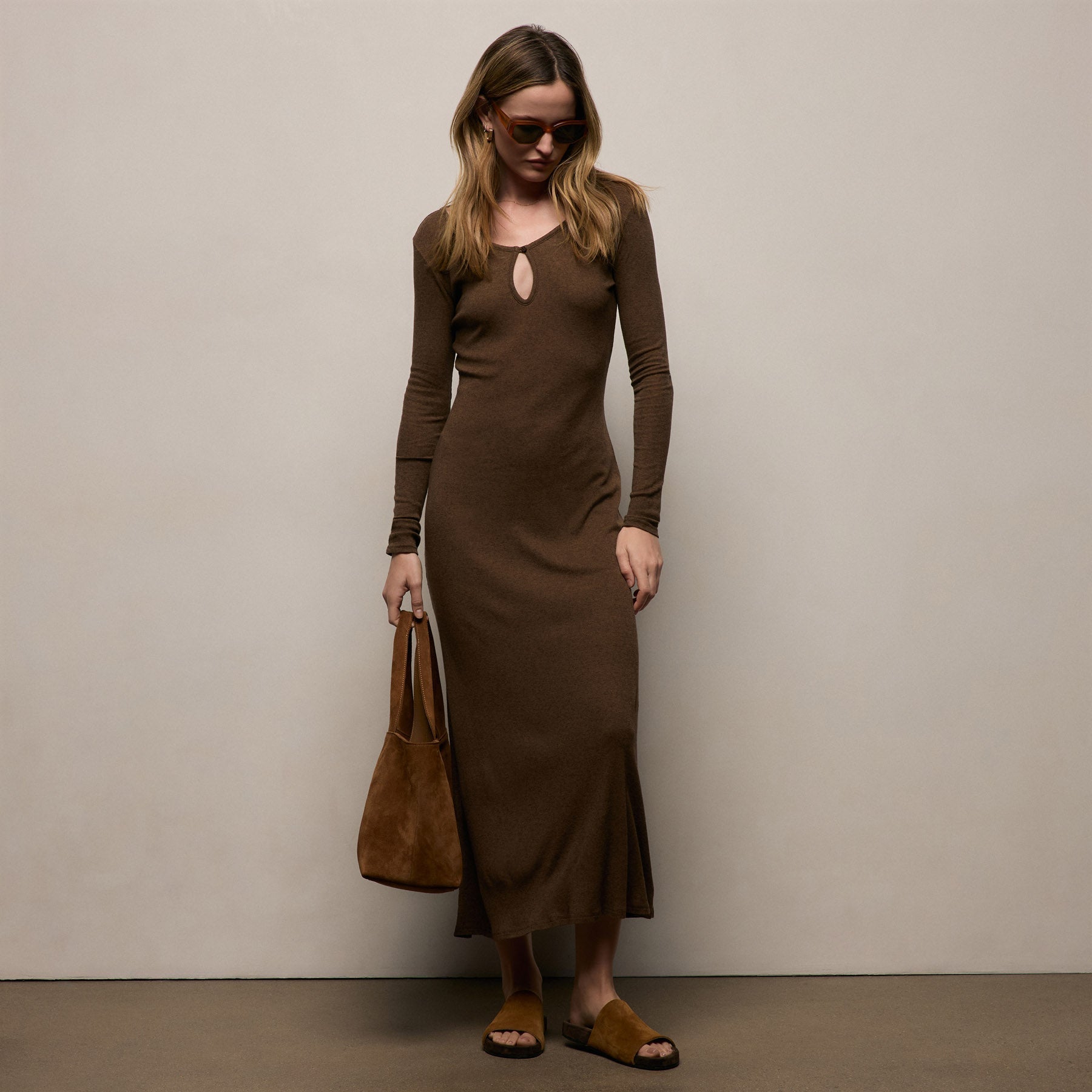 Cotton Cashmere Rib Keyhole Dress in Brown | James Perse Los Angeles
