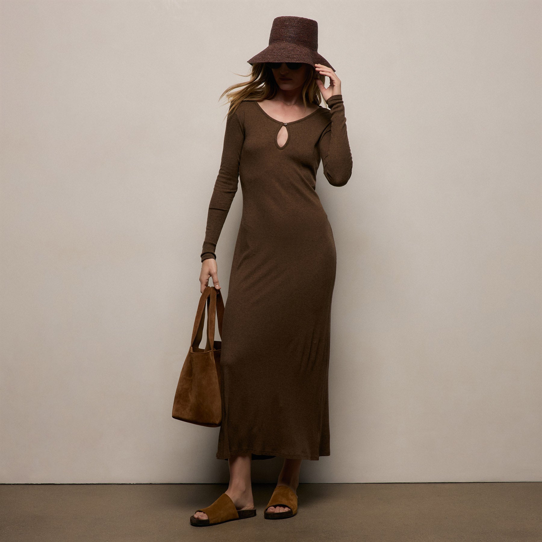 Cotton Cashmere Rib Keyhole Dress in Brown | James Perse Los Angeles