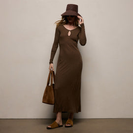 Cotton Cashmere Rib Keyhole Dress in Brown | James Perse Los Angeles