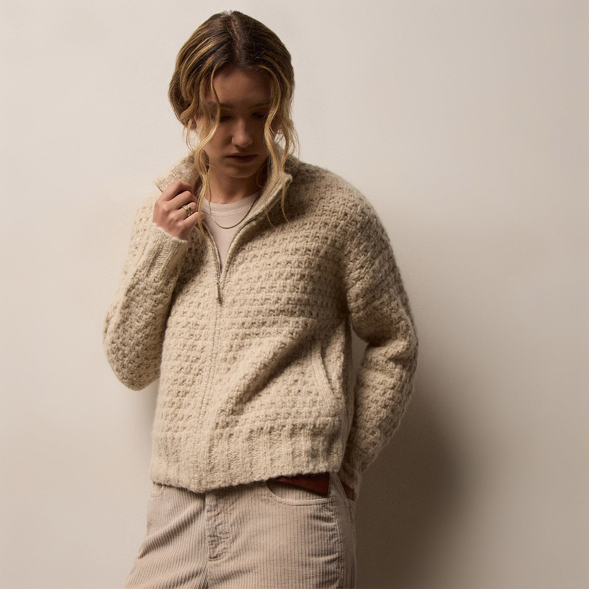 Chunky Knit Cashmere Silk Zip Front in Biscotti | James Perse Los Angeles