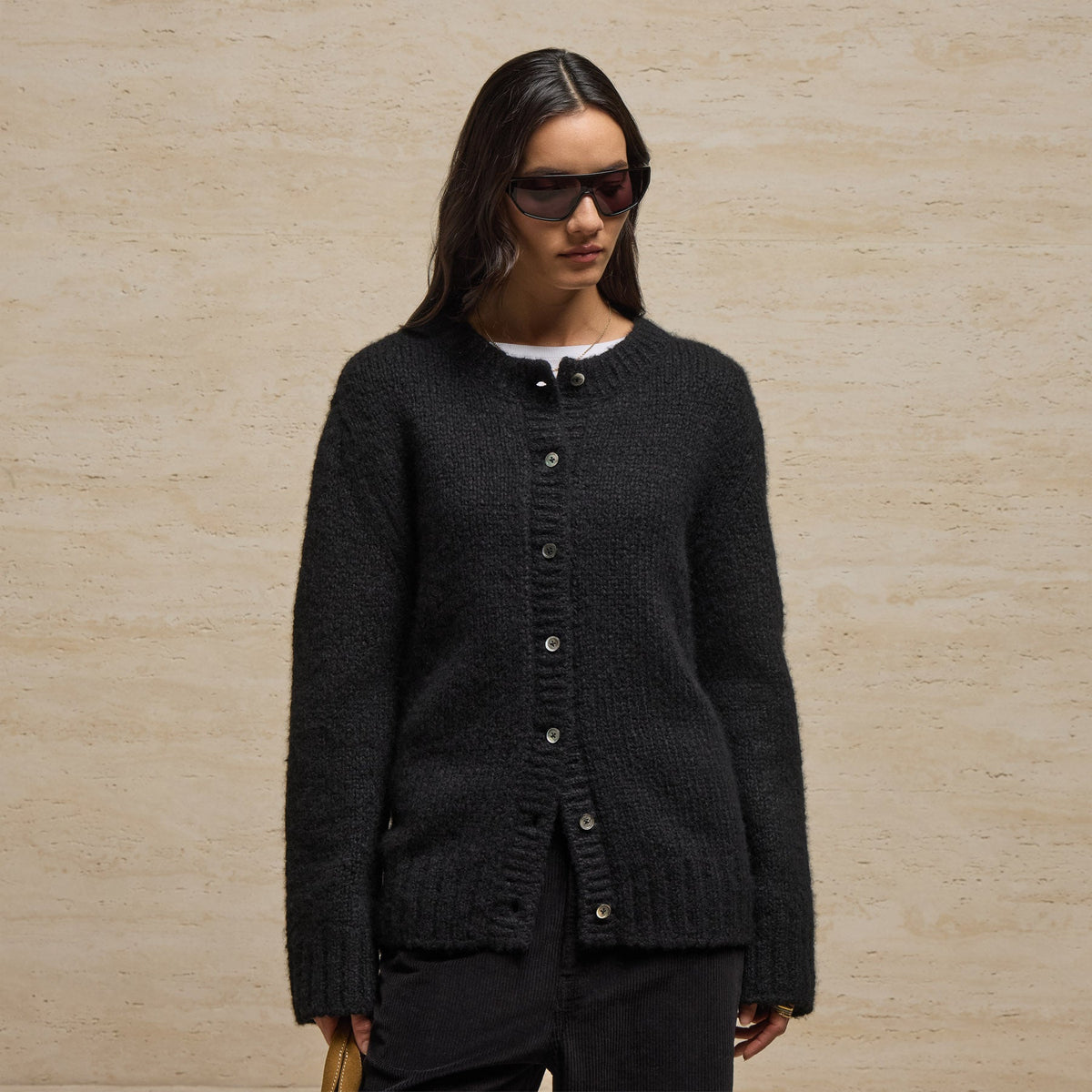 Cashmere Silk Chunky Knit Cardigan in Black | James Perse Los Angeles