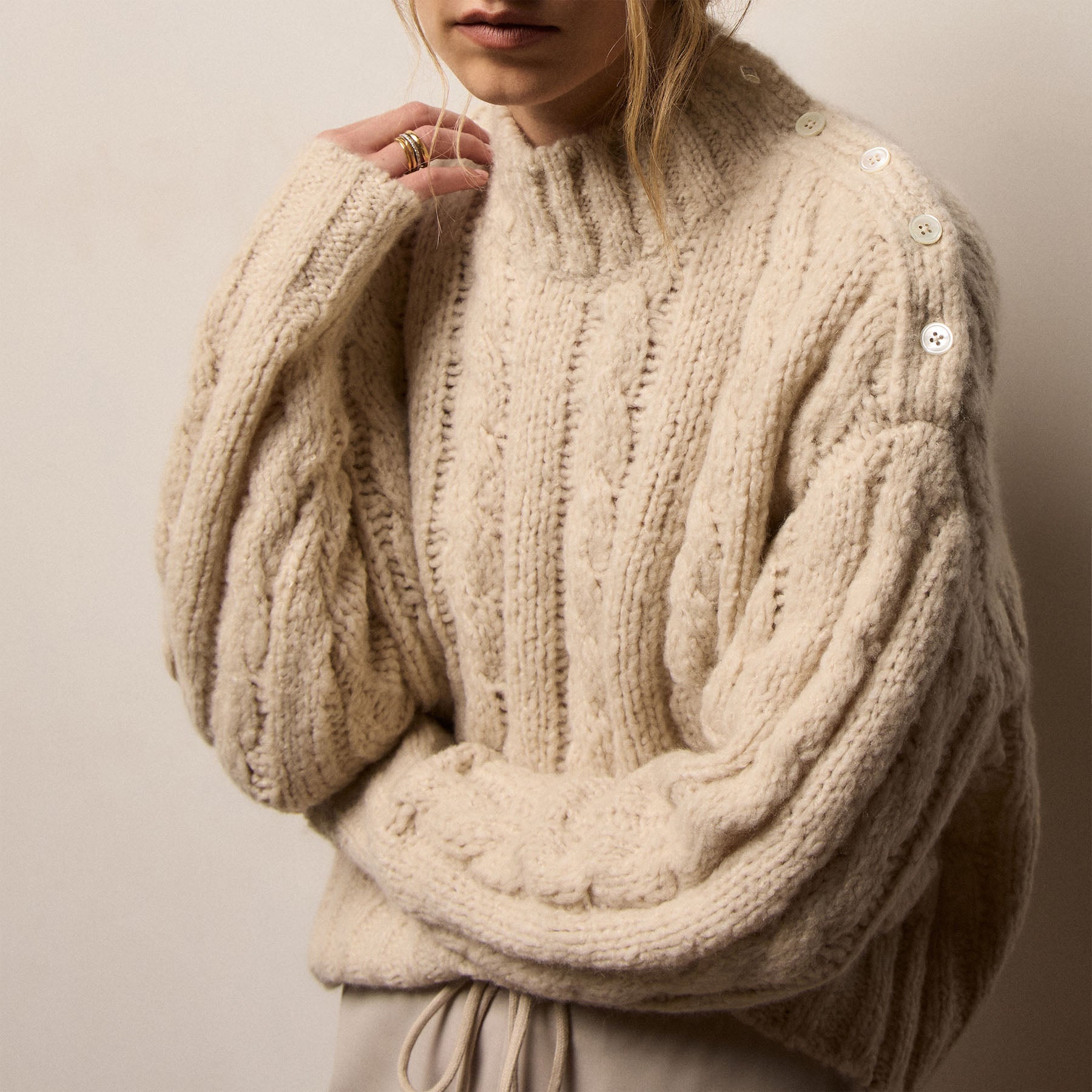Cashmere Silk Cable Knit Sweater - Biscotti | James Perse Los Angeles