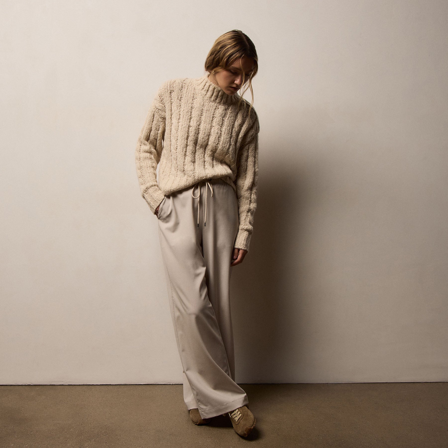 Cashmere Silk Cable Knit Sweater - Biscotti | James Perse Los Angeles