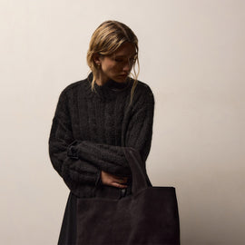Chunky Cashmere Silk Cable Knit Crew in Black | James Perse Los Angeles