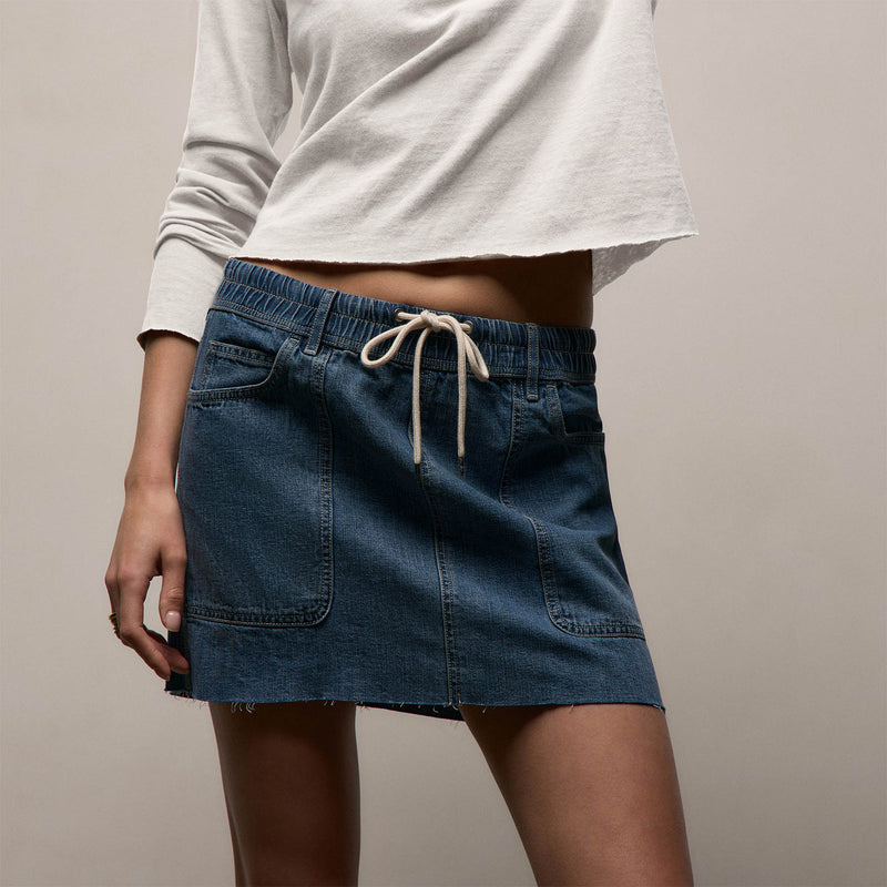 Drawstring Cotton Linen Mini Skirt in Blue Wash | James Perse Los Angeles