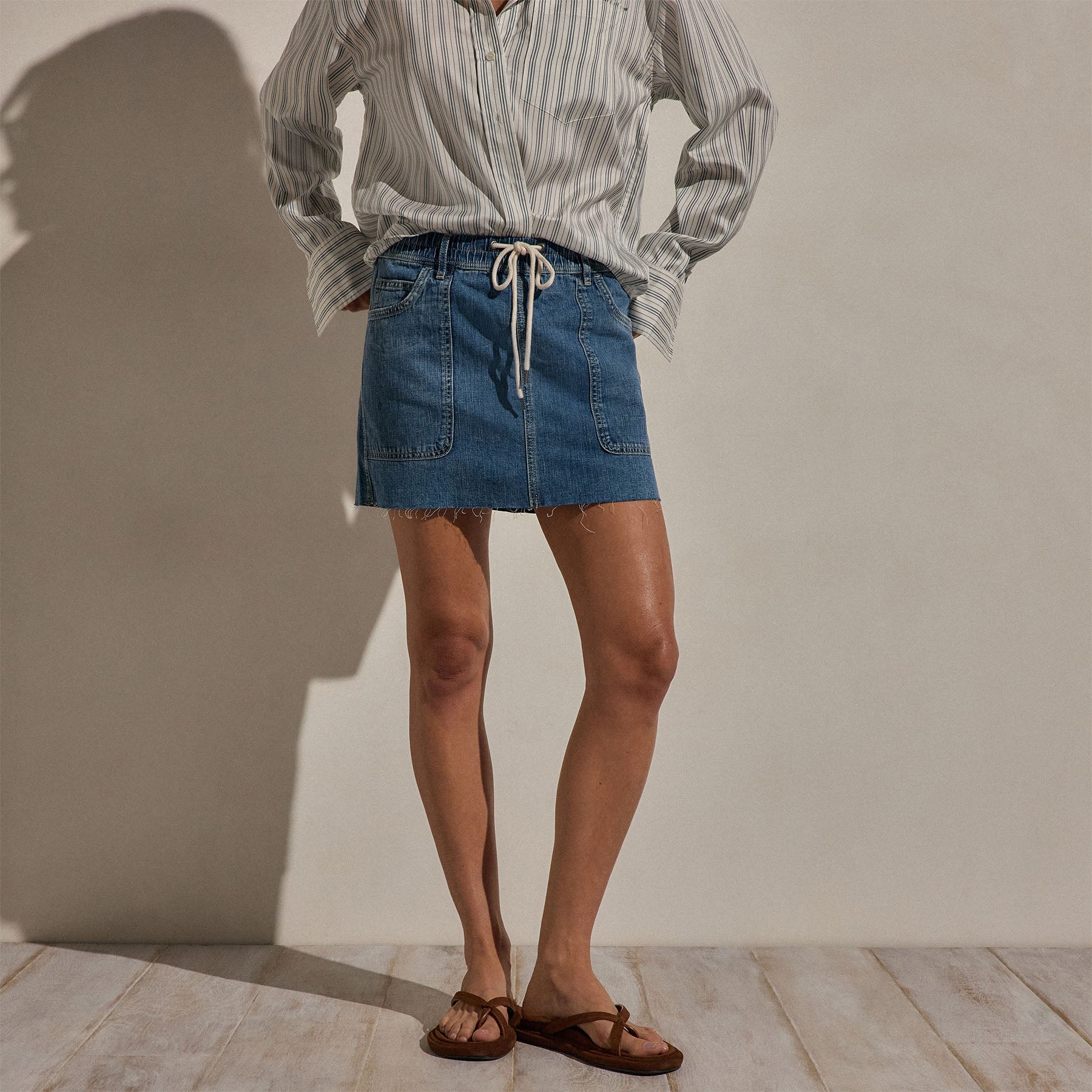 Drawstring Denim Mini Skirt in Blue Wash | James Perse Los Angeles