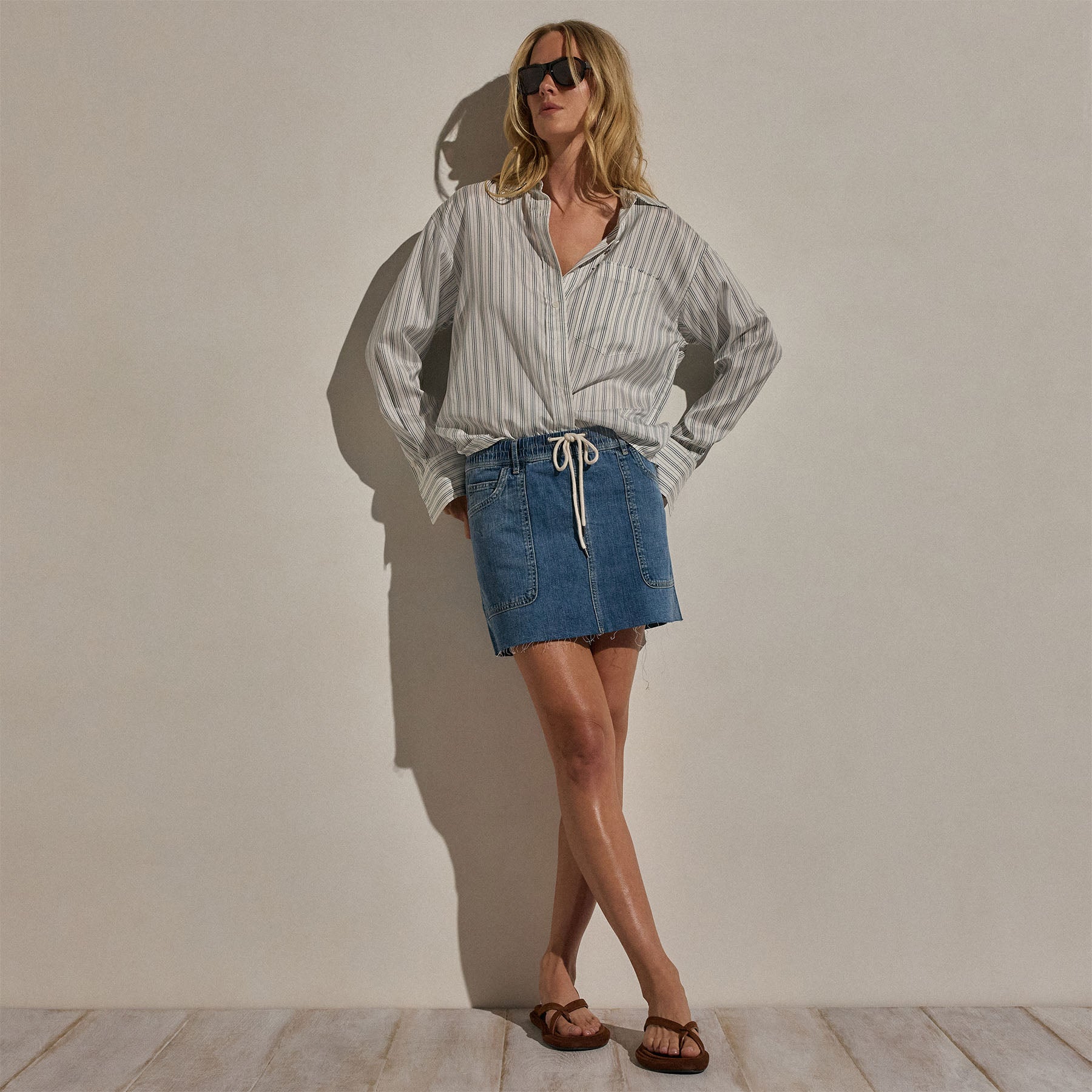 Drawstring Denim Mini Skirt in Blue Wash | James Perse Los Angeles