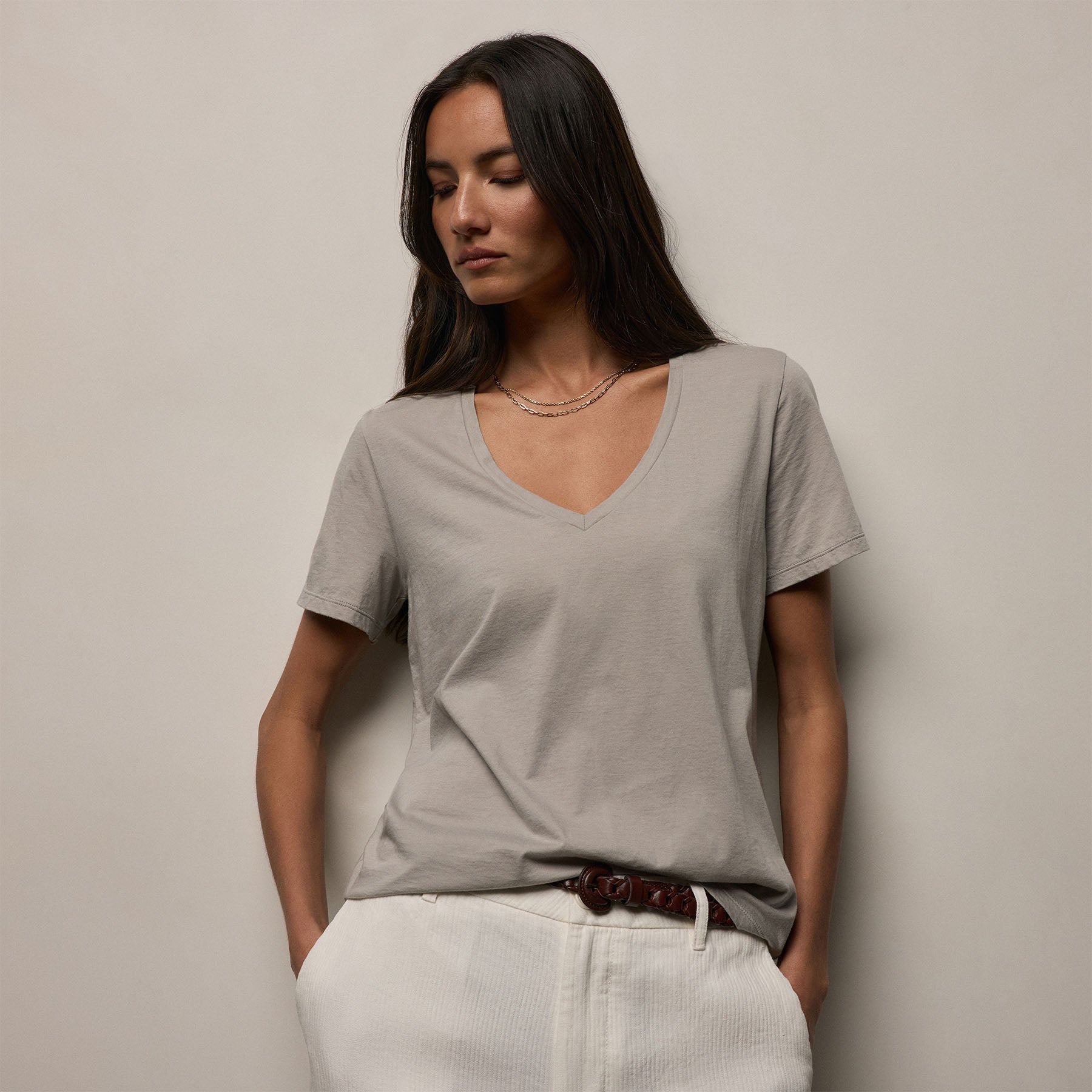 Luxe Lotus Jersey V Neck in Fog | James Perse Los Angeles