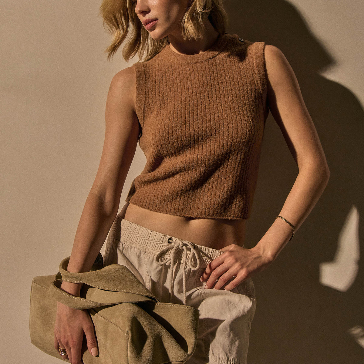 Button Shoulder Sweater Vest in Whiskey | James Perse Los Angeles