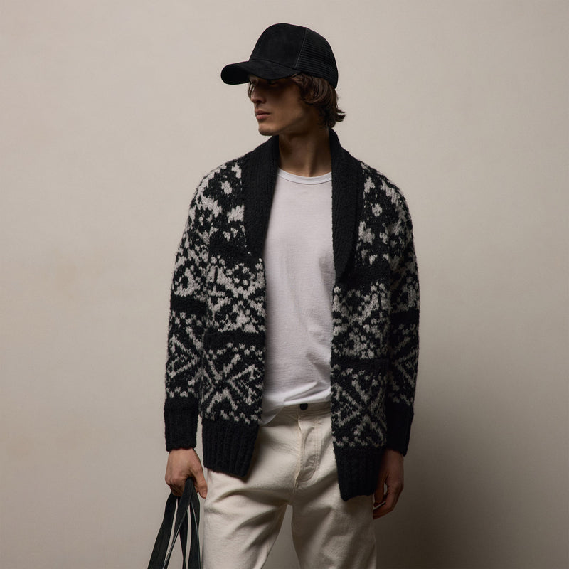 Chalet Intarsia Cardigan in Black/Heather Grey | James Perse Los Angeles / Mens
