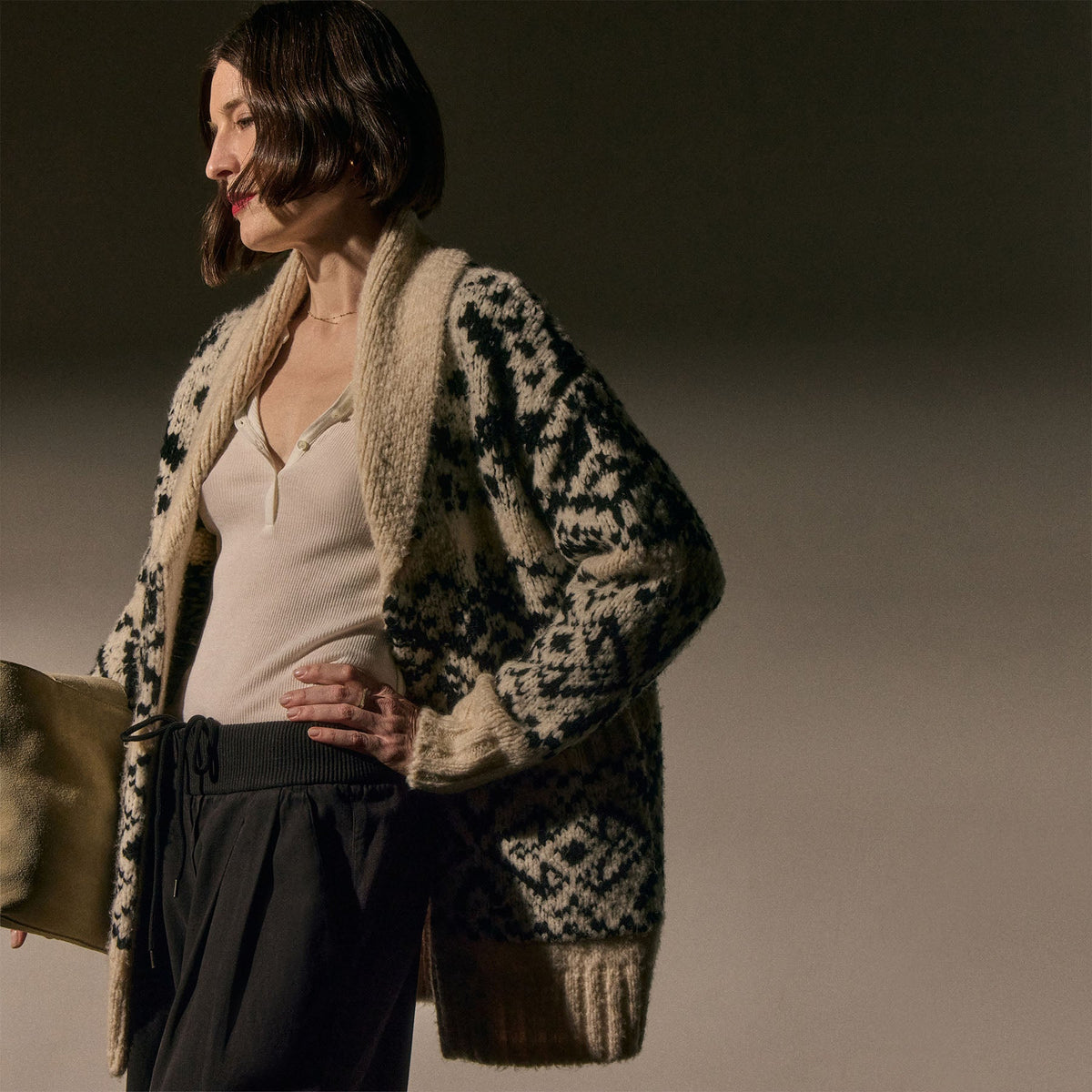 Intarsia Cardigan in Ivory/Black | James Perse Los Angeles