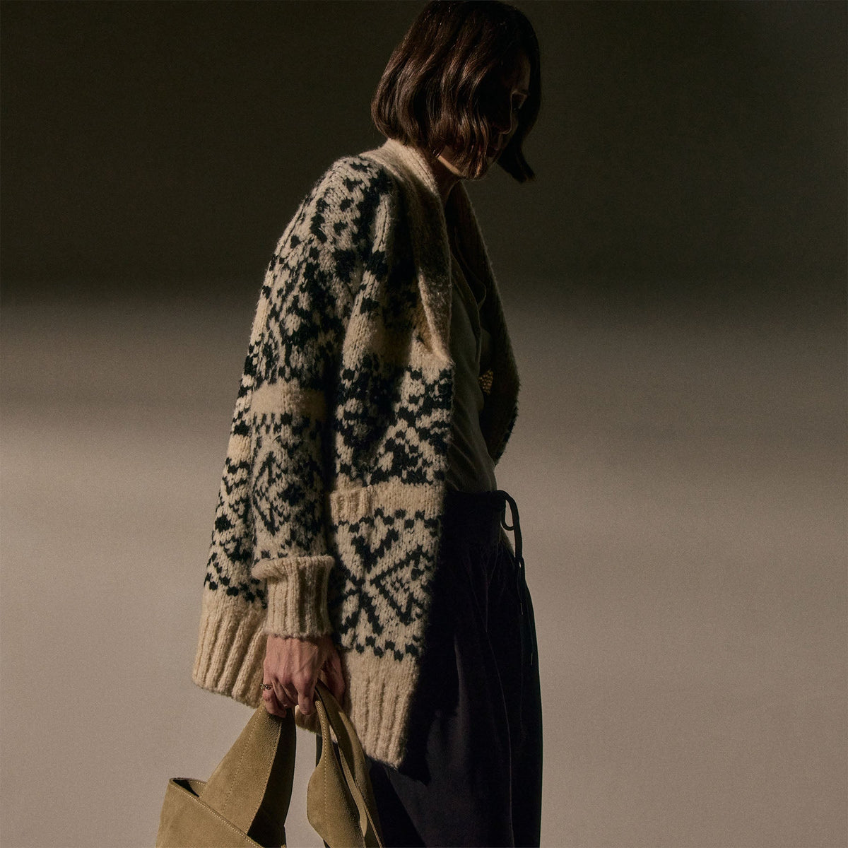 Intarsia Cardigan in Ivory/Black | James Perse Los Angeles