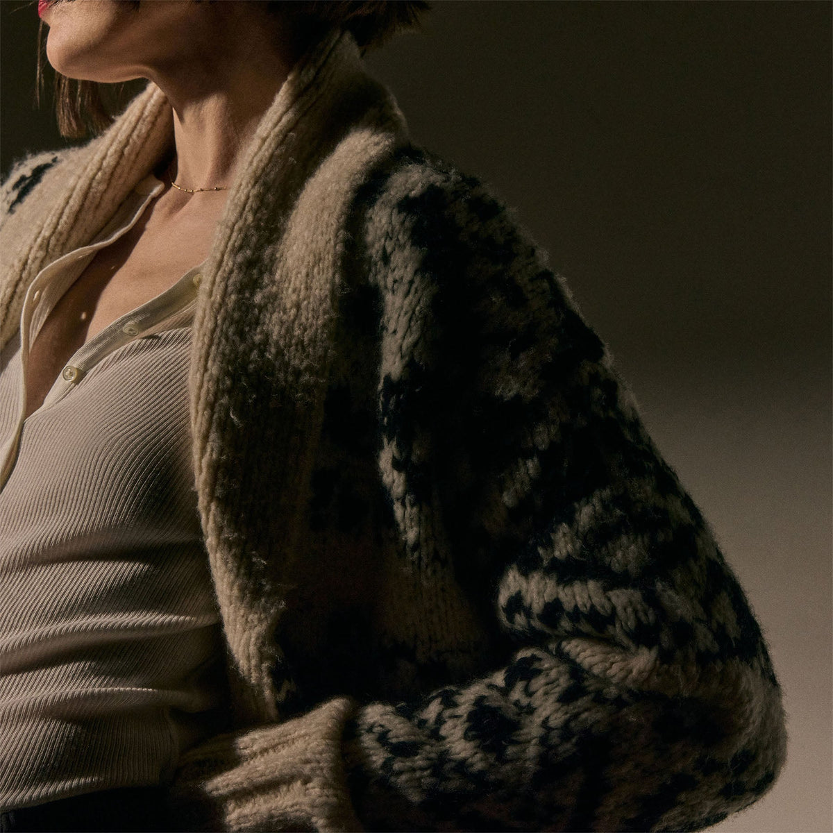 Intarsia Cardigan in Ivory/Black | James Perse Los Angeles
