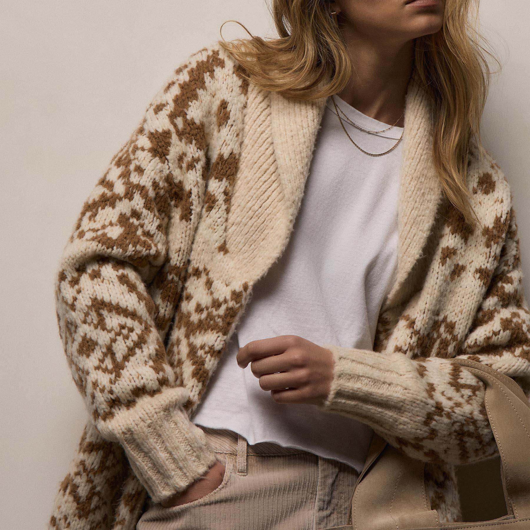 Chalet Intarsia Cardigan In Ivory/Whiskey | James Perse Los Angeles / Womens