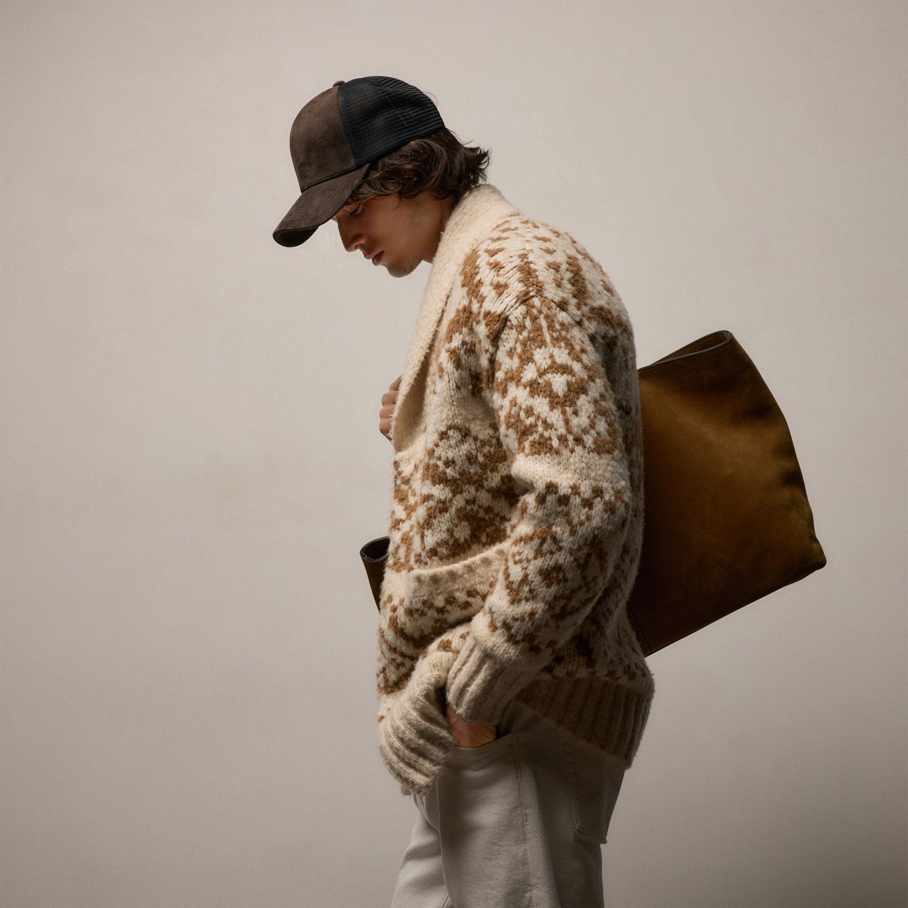 Chalet Intarsia Cardigan In Ivory/Whiskey | James Perse Los Angeles / Mens