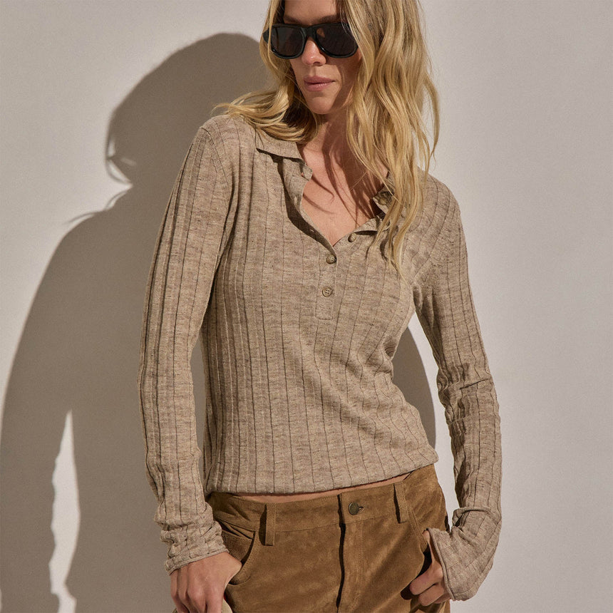 Linen Cotton Ribbed Polo Sweater in Natural Melange | James Perse Los Angeles