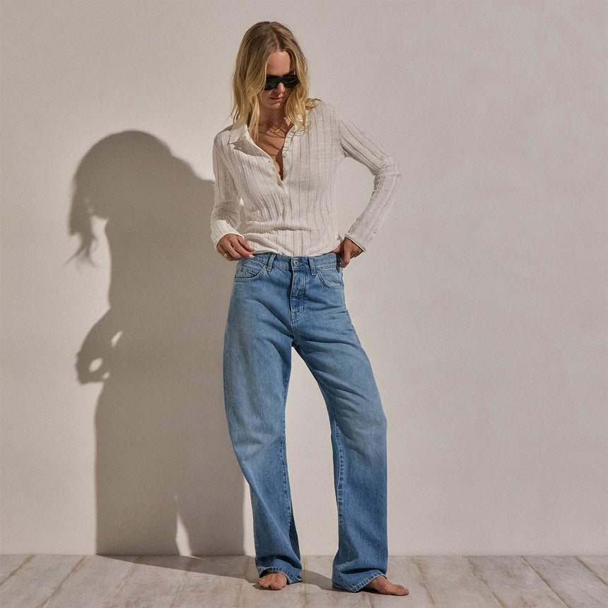 Linen Cotton Ribbed Polo Sweater in White | James Perse Los Angeles