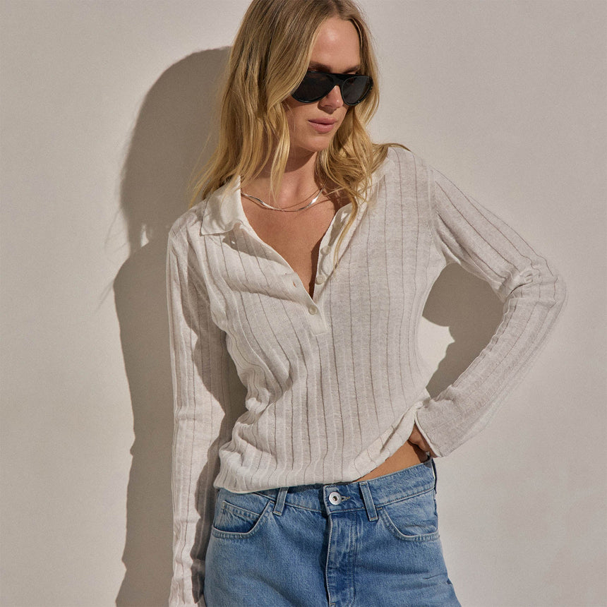 Linen Cotton Ribbed Polo Sweater in White | James Perse Los Angeles
