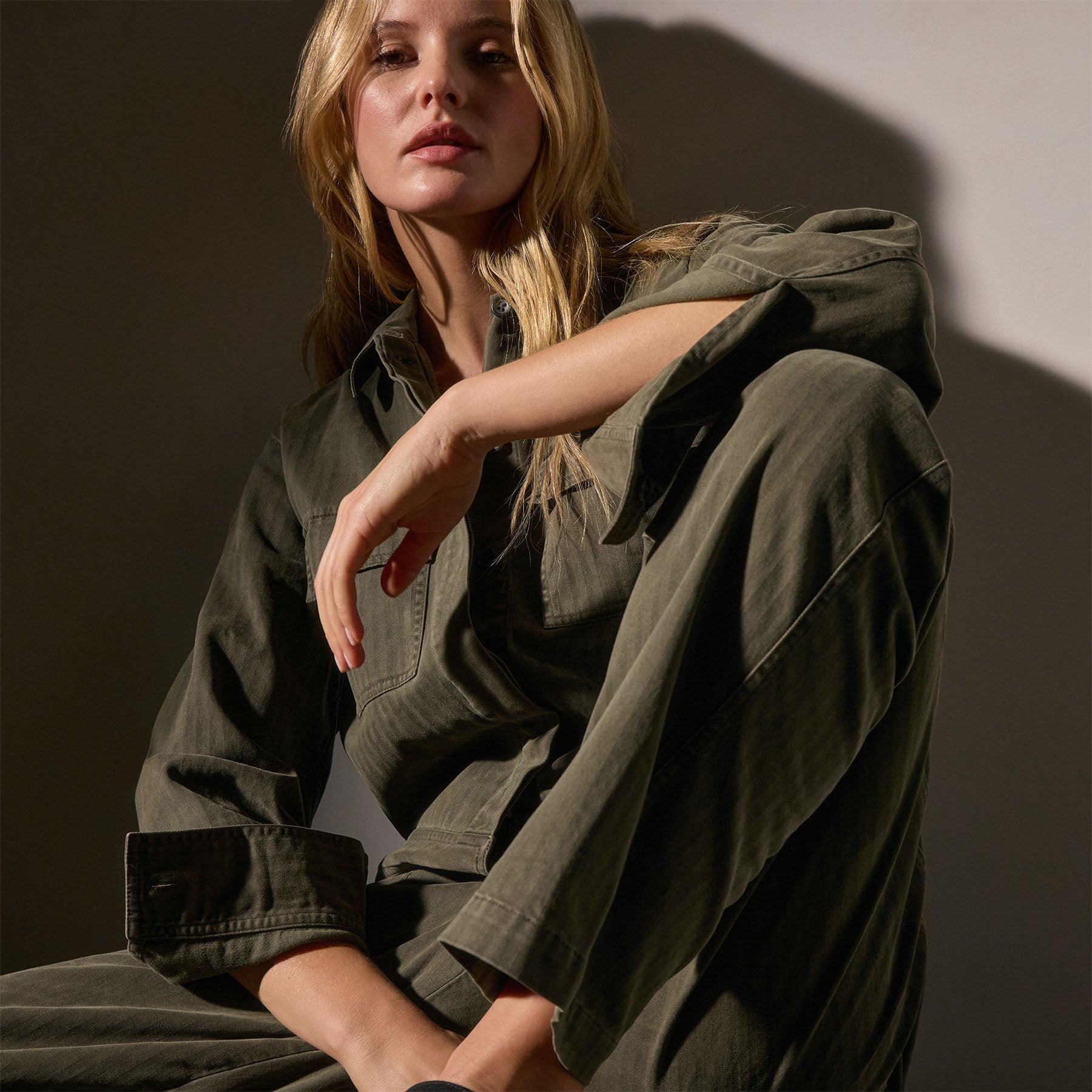 Stretch Herringbone Jumpsuit in Army Green Pigment | James Perse Los Angeles