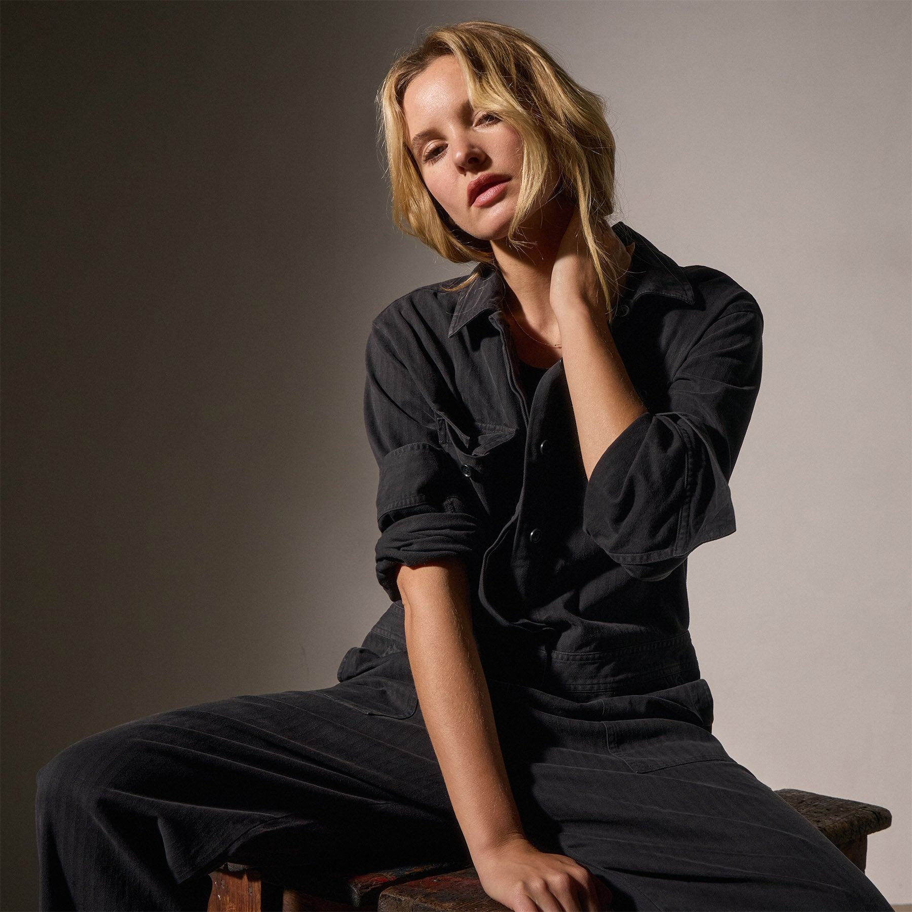Stretch Herringbone Jumpsuit - Black