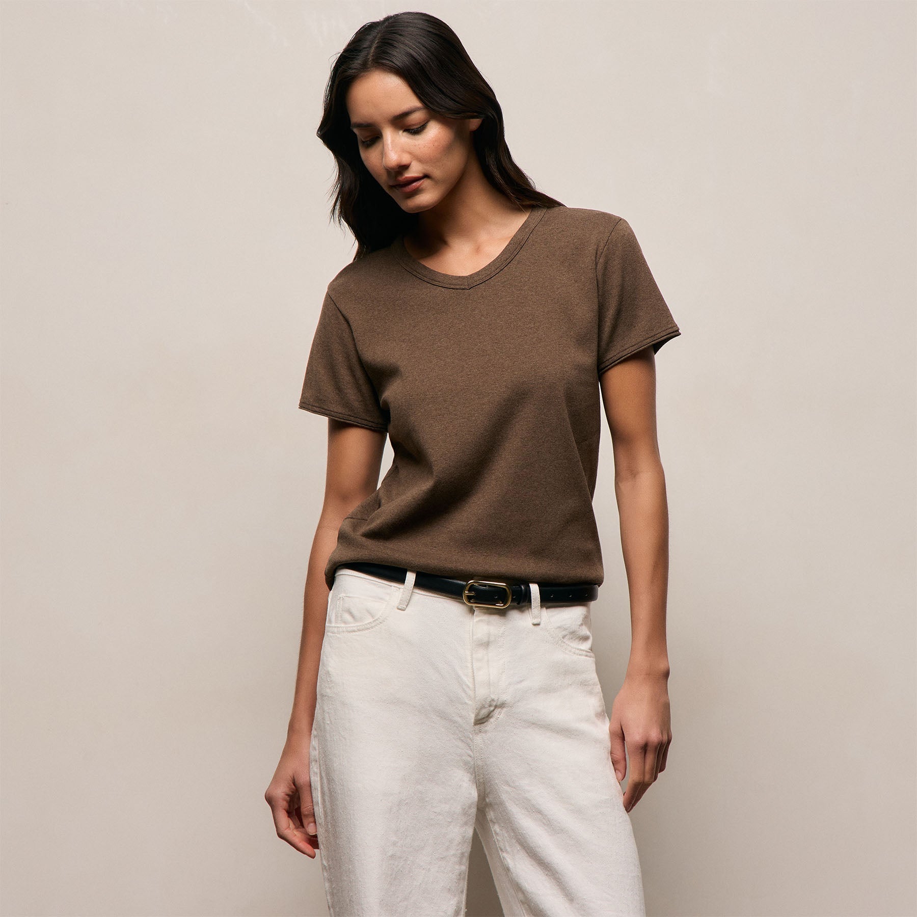 Compact Cotton Baby V Tee in Brown Melange | James Perse Los Angeles