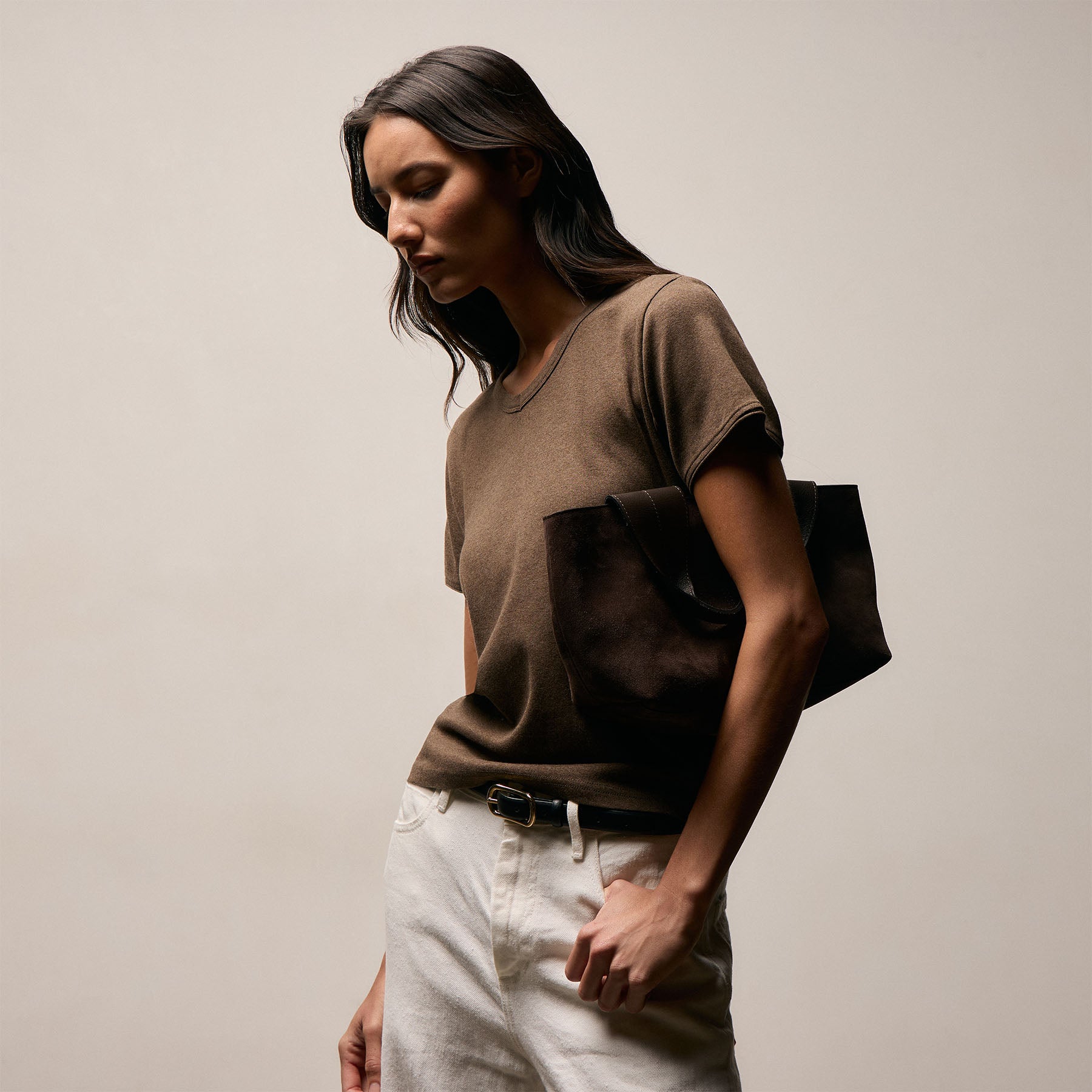 Compact Cotton Baby V Tee in Brown Melange | James Perse Los Angeles