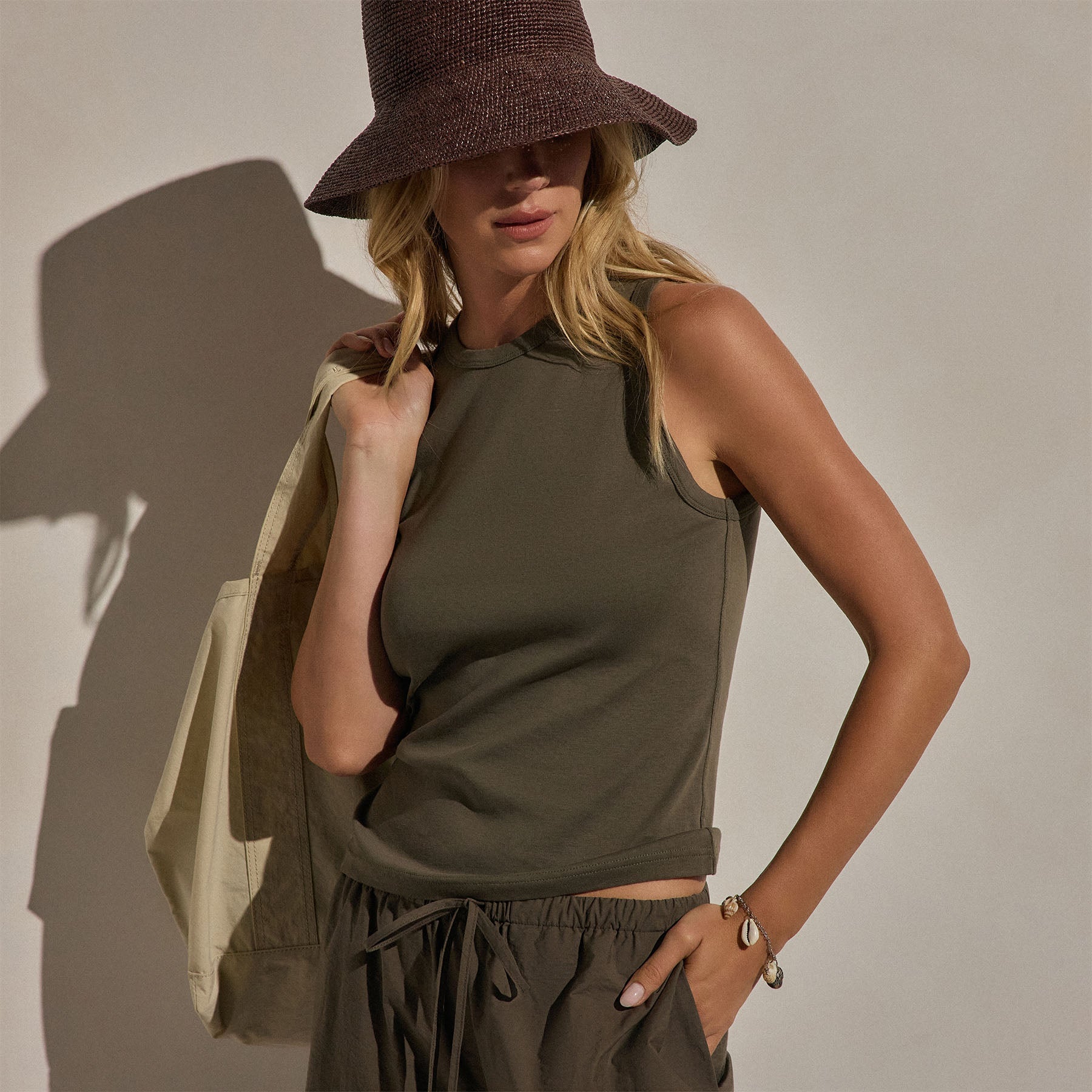 Compact Cotton High Neck Tank in Army Green | James Perse Los Angeles