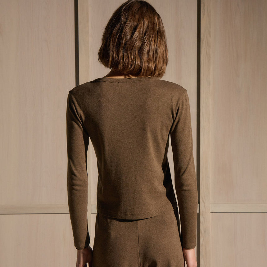 Compact Cotton Soft V Long Sleeve in Brown Melange | James Perse Los Angeles