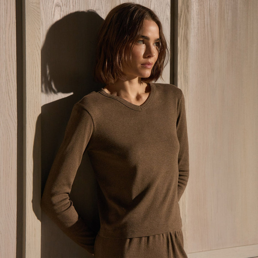 Compact Cotton Soft V Long Sleeve in Brown Melange | James Perse Los Angeles