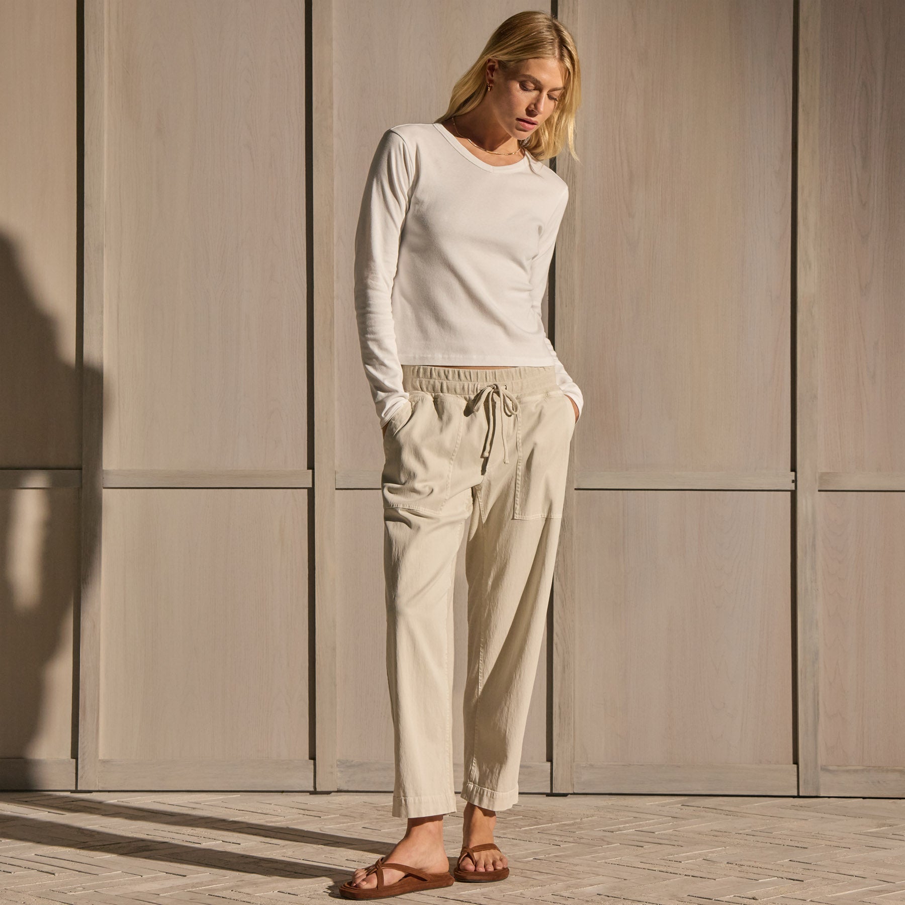 Compact Cotton Soft V Long Sleeve - Off White | James Perse Los Angeles