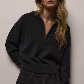 Italian Spun Cashmere Half Zip in Black/Anthracite | James Perse Los Angeles