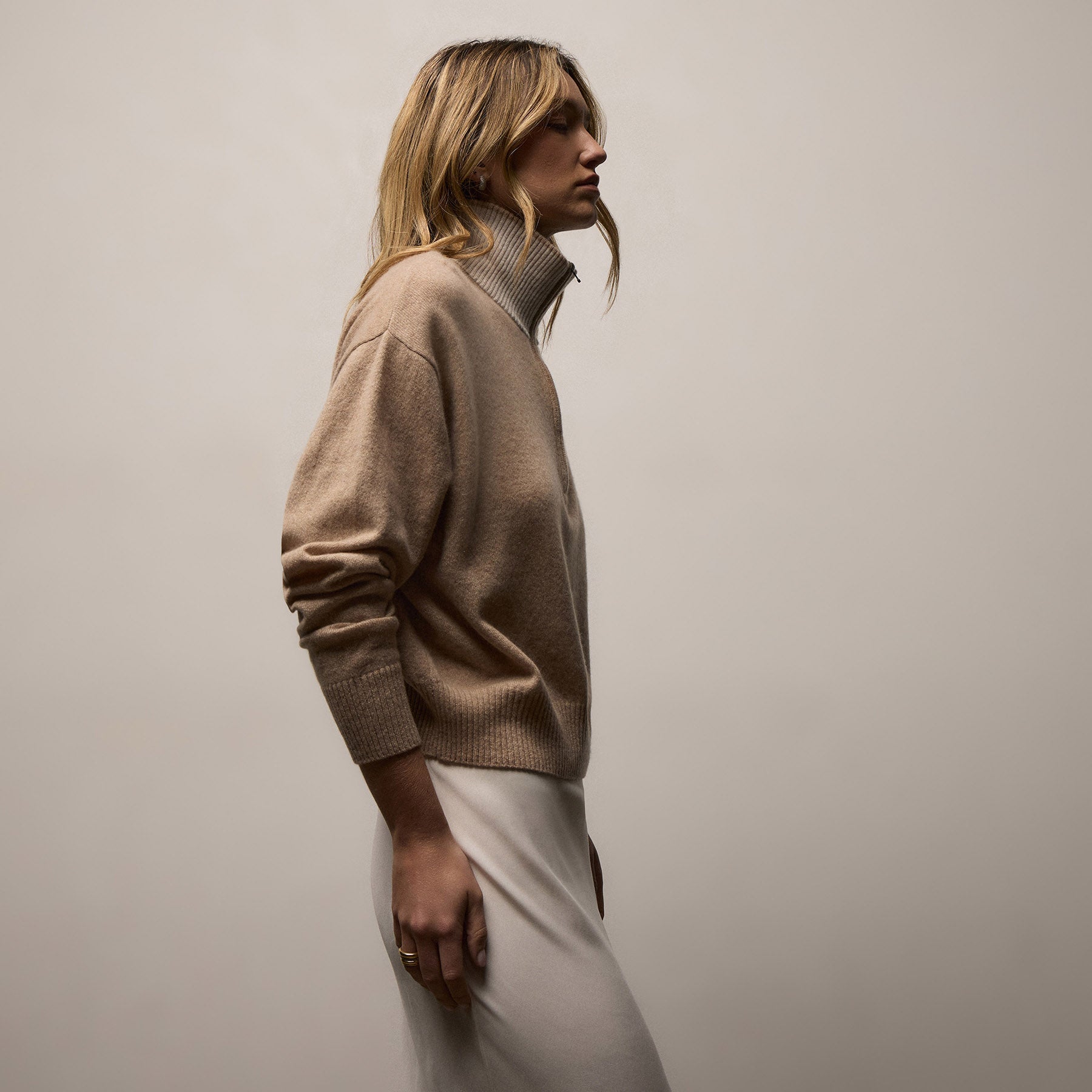 Italian Spun Cashmere Half Zip in Soft Beige/Stucco | James Perse Los Angeles