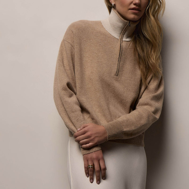 Italian Spun Cashmere Half Zip in Soft Beige/Stucco | James Perse Los Angeles