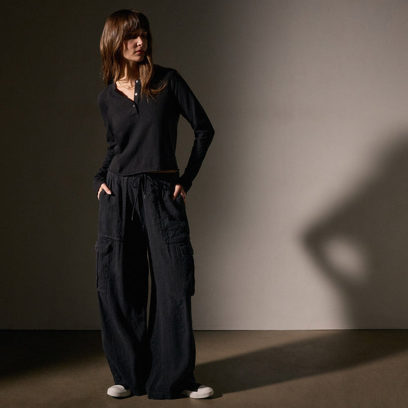 Slub Jersey Shrunken Henley in Black | James Perse Los Angeles